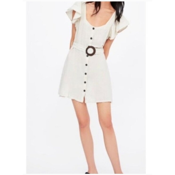 NAIF Dresses & Skirts - New Naif Anthropologie S Cream Flowy Button Short Dress Linen Blend Minimalist